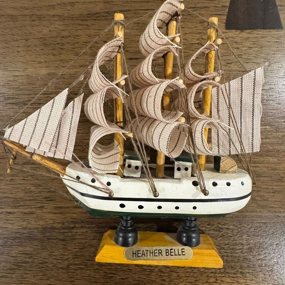 Hand crafted handmade wooden sailboat with anchors  7 x 6” Name “Heater Belle”